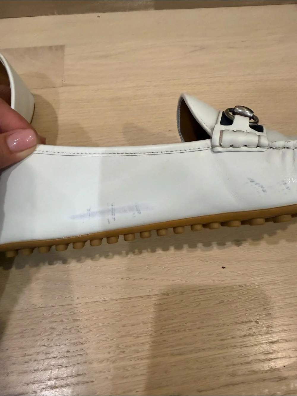 Gucci White Leather Loafers with Navy & Red Web and Silver Horsebit